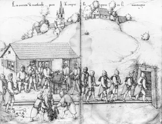 Mina de plata de La Croix-aux-Mines, Lorena, fol.9v y fol.10r, mineros y sus martillos, c.1530